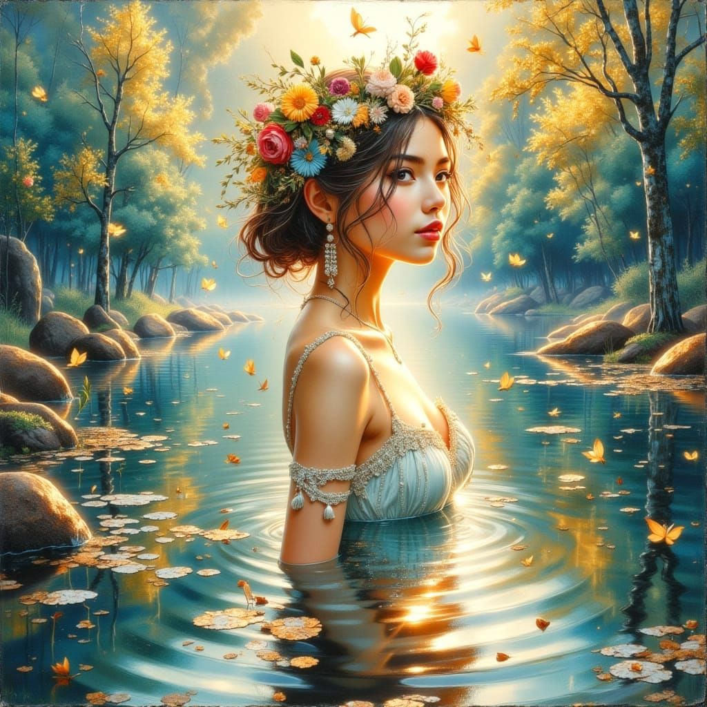 Enchanting Watercolor Girl in Golden Light with Floral Headb...