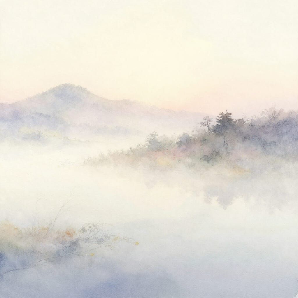 Ethereal Foggy Landscape in Luminous Watercolor Style