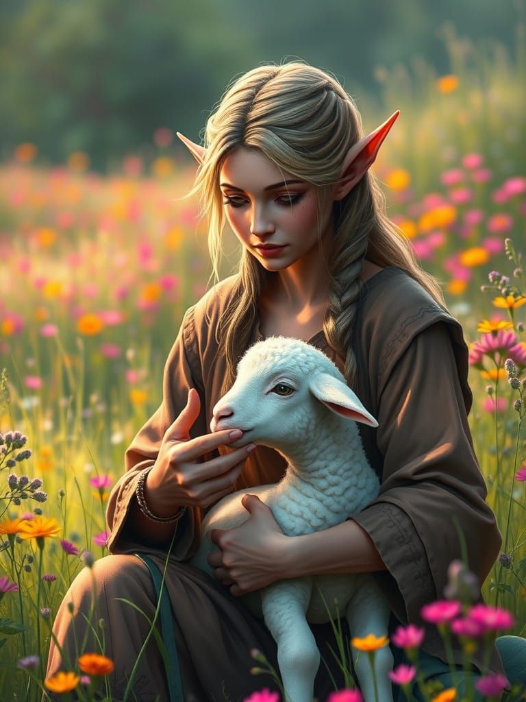 3D digital art Draconian elven female farmer, feeding a baby...
