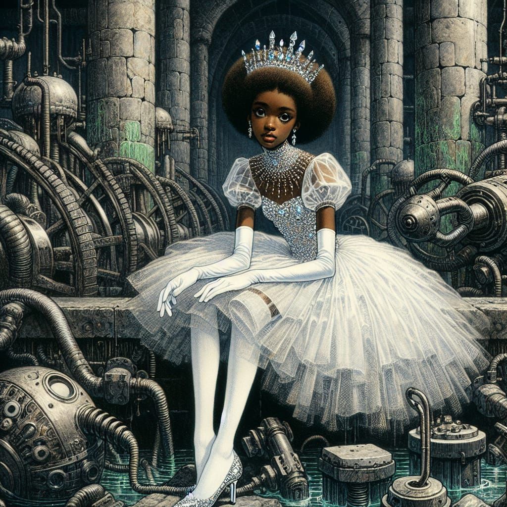 Fantasy Princess in Industrial Dungeon, Japanese Woodblock S...