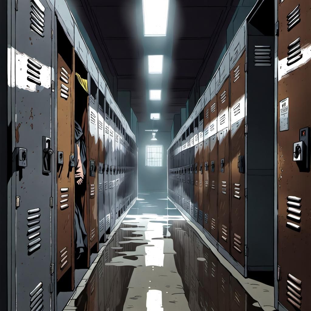 Eerie High School Corridor with Dripping Locker