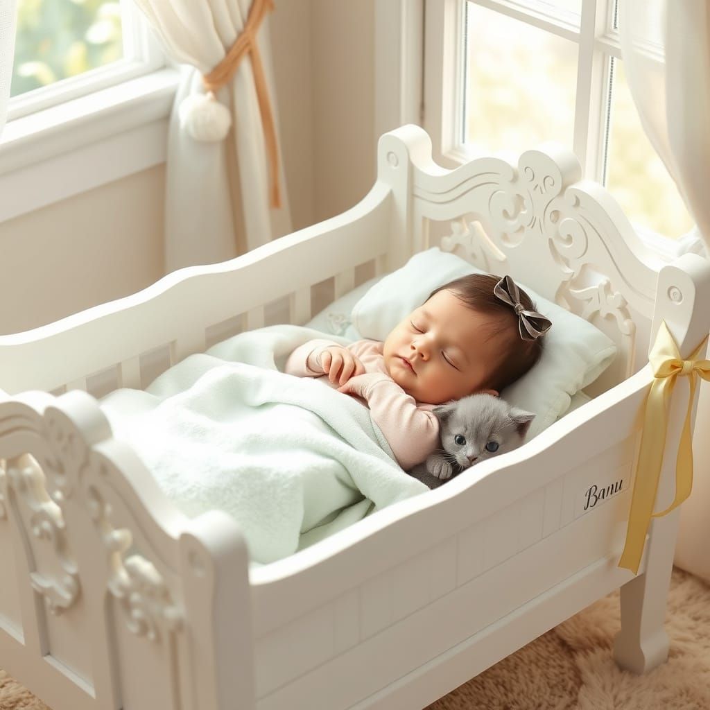 Newborn Baby and Kitten in Soft Nursery Illustration