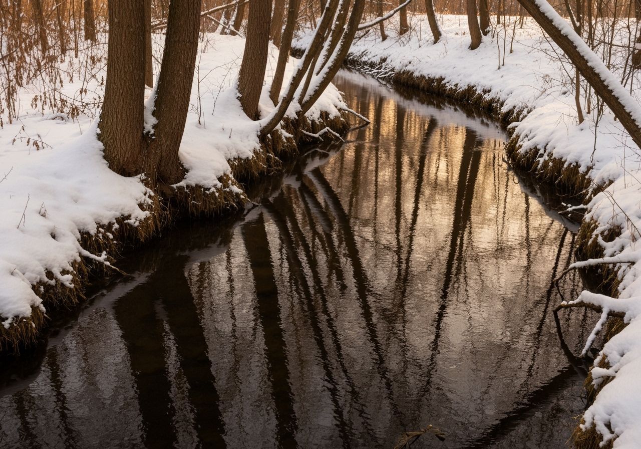 Serene Winter Stream Reflecting Tree Trunks in Realistic Pho...