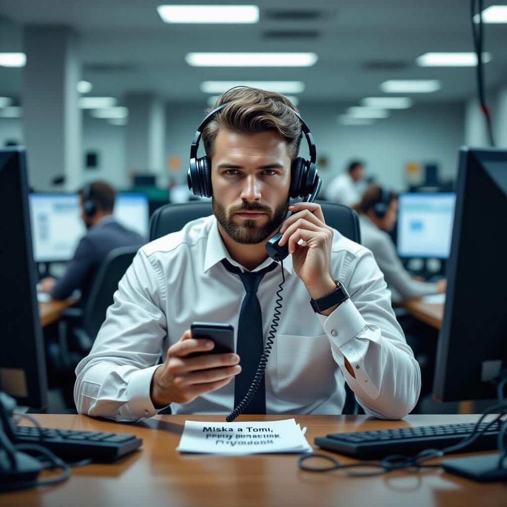 Male Telephone Operator in Call Center, Matte Painting