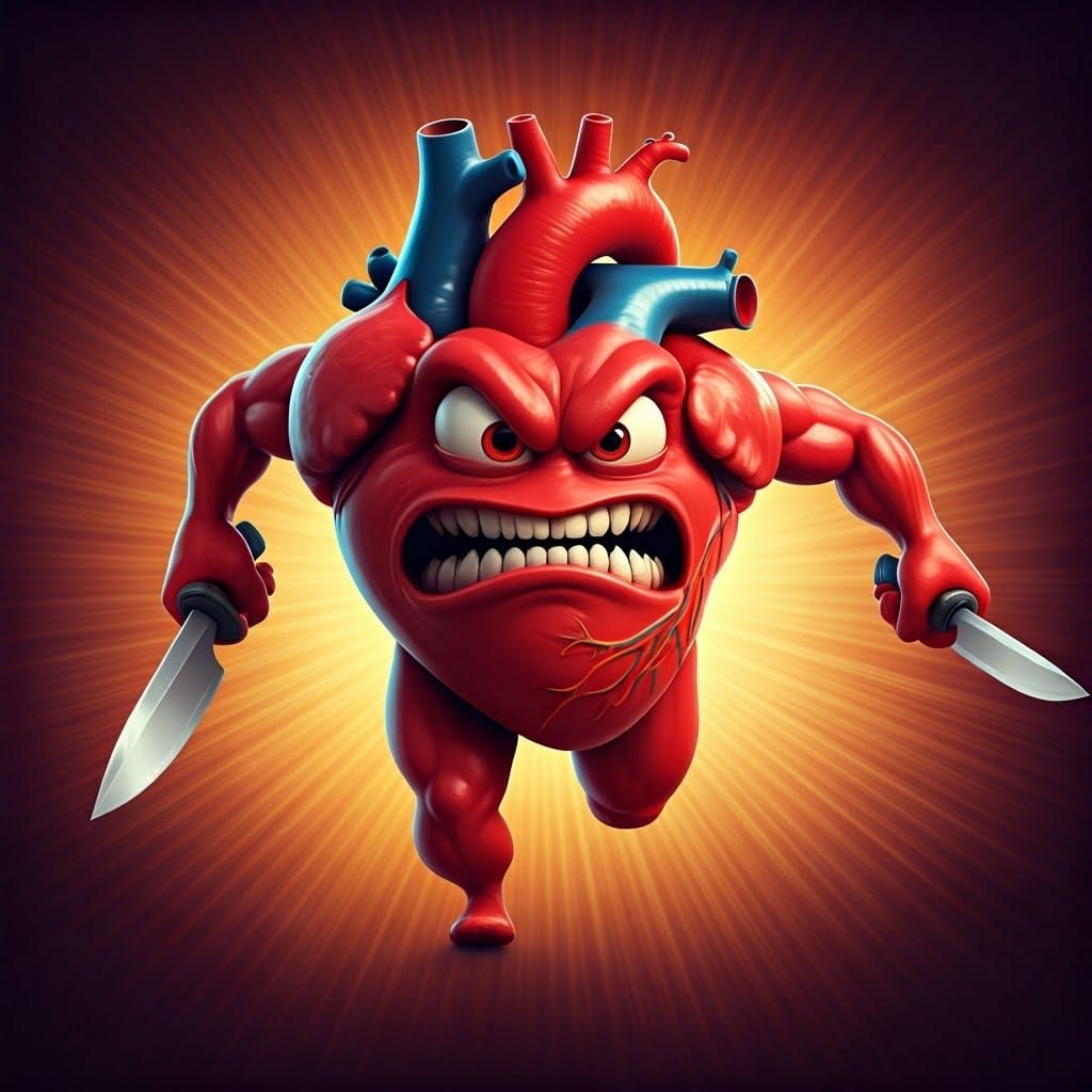 Sinister Cartoon Heart Charges with Menacing Intent