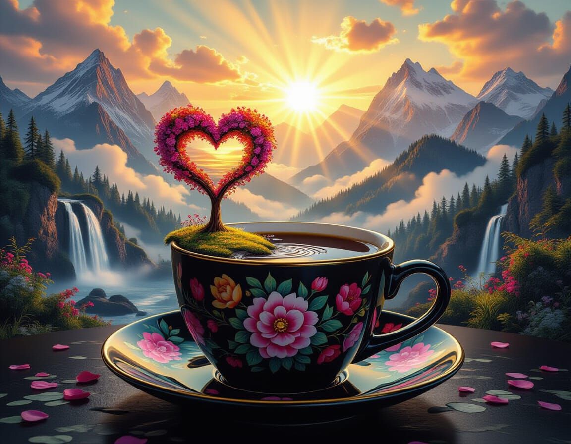 Coffee Cup with Zhostovo Flowers and Surreal Landscape