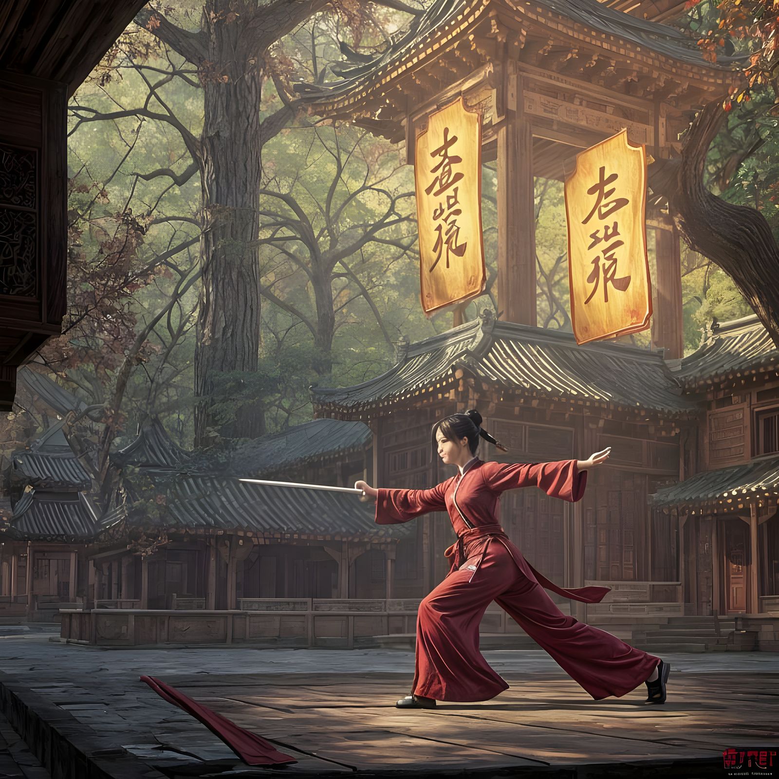 Ethereal Tai Chi Warrior in a Celestial Pagoda