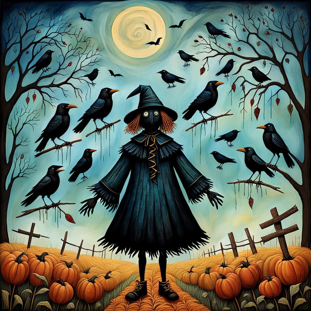 Crows and Scarecrow in Folk Art Style