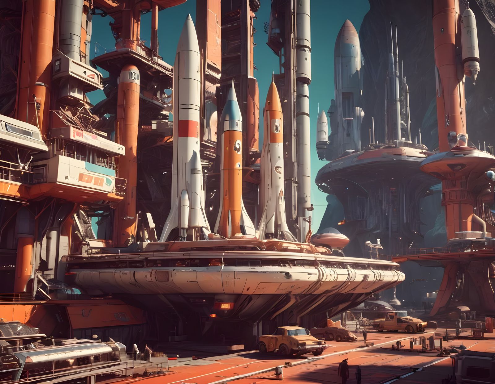Futuristic Retro Space Port in Vibrant Colors