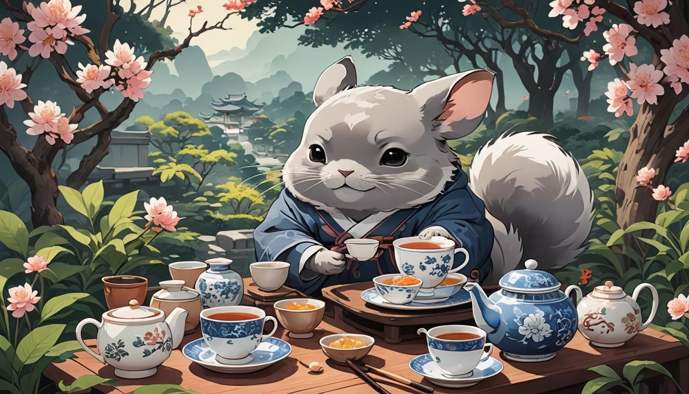 Chinchilla's Tea Time in Chinese Garden: Anime Style