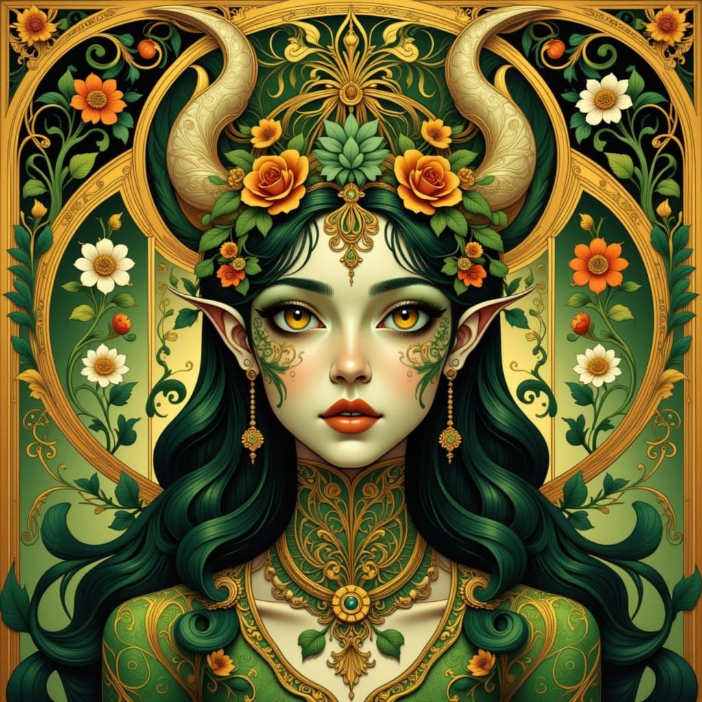 Surreal Goddess of Nature in Folk Art Nouveau Style