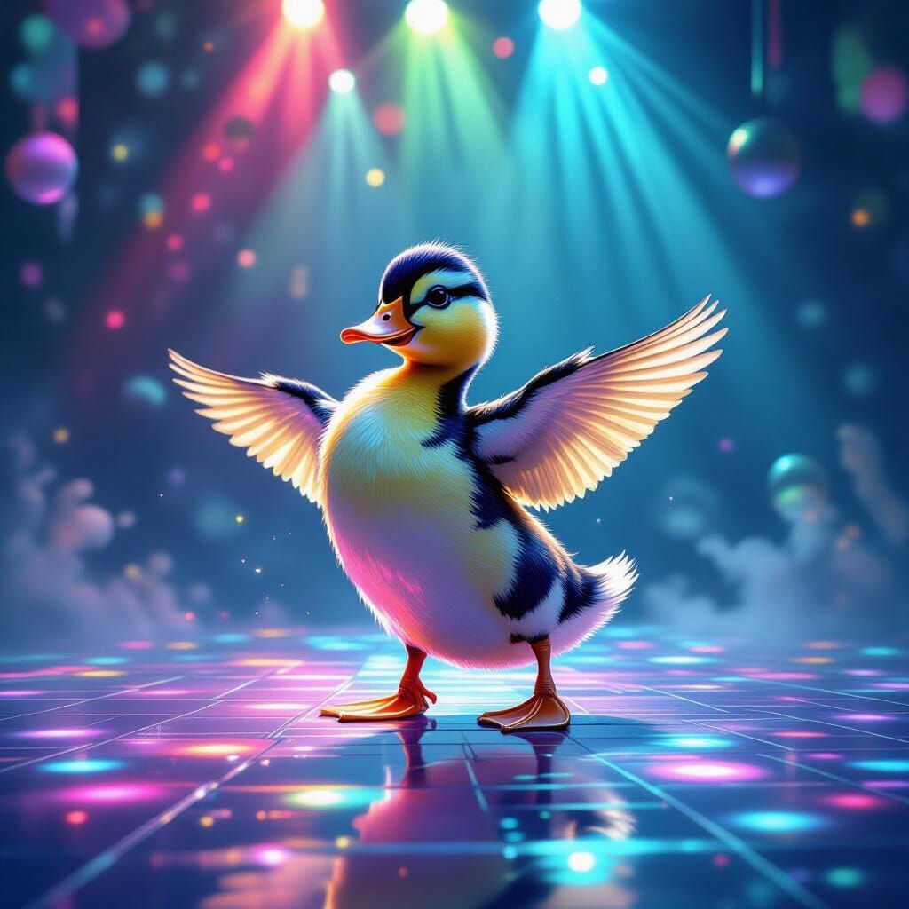 Dancing Duckling Breakdance in Biopunk Rainbow Disco