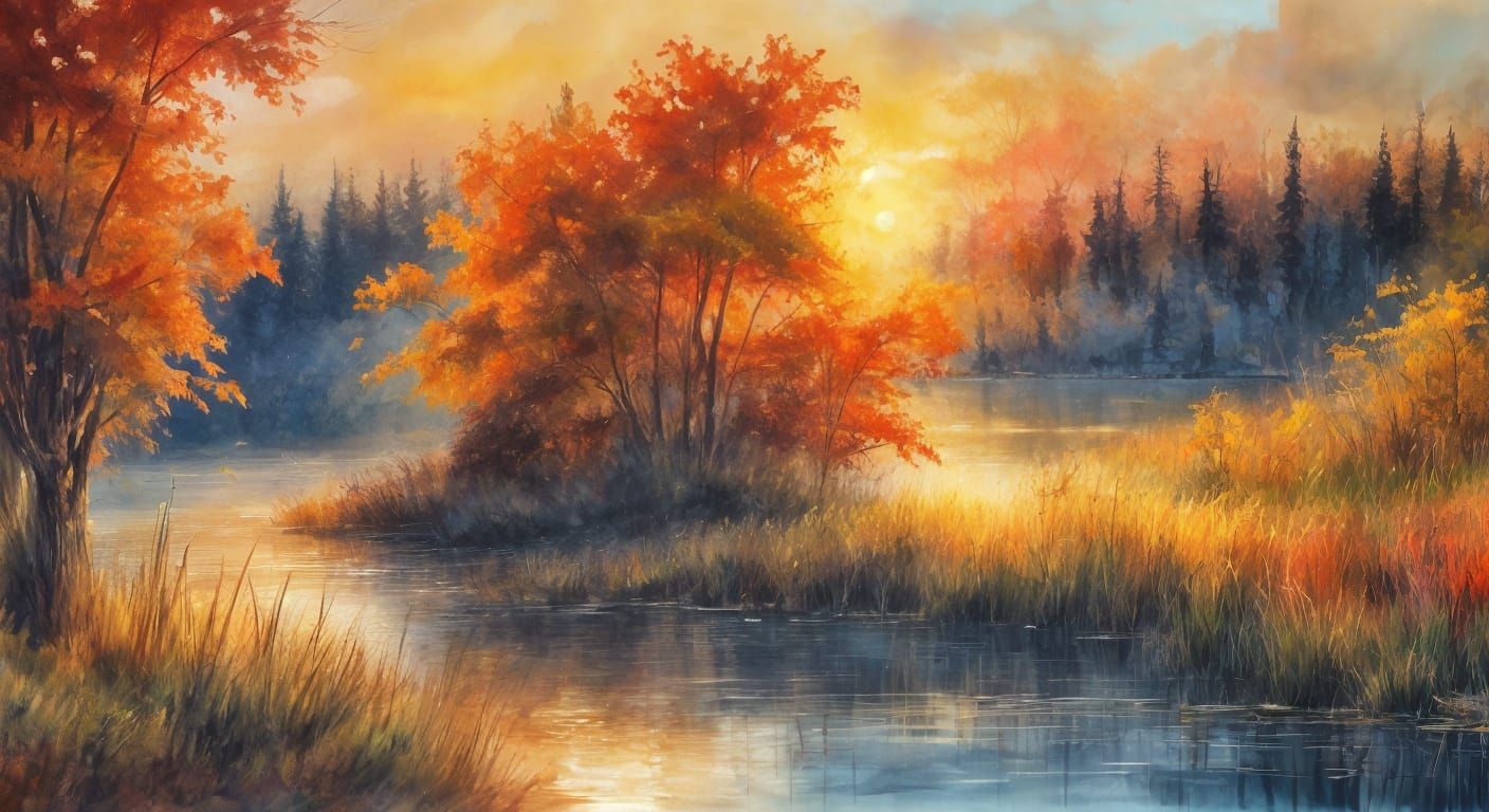 Autumn Lake: Golden Red Maples in Watercolor