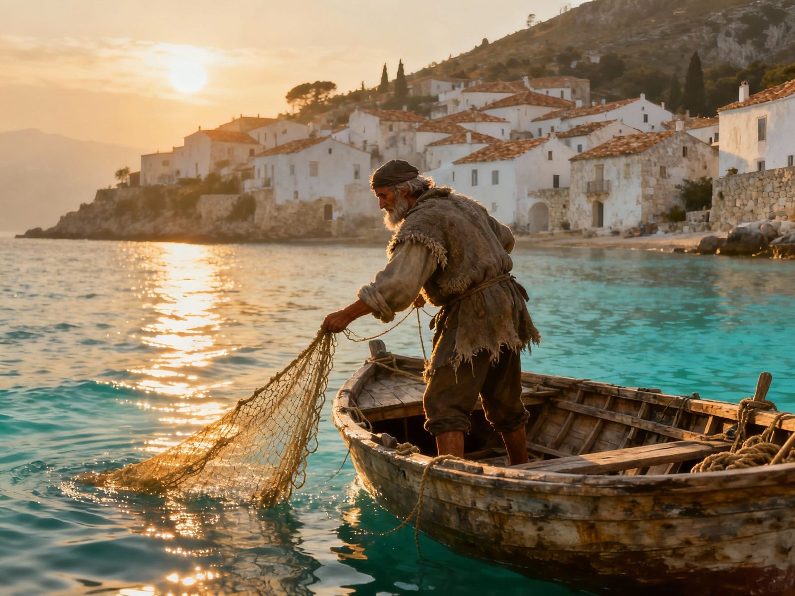 Medieval Fisherman Casts Net in Mediterranean Village