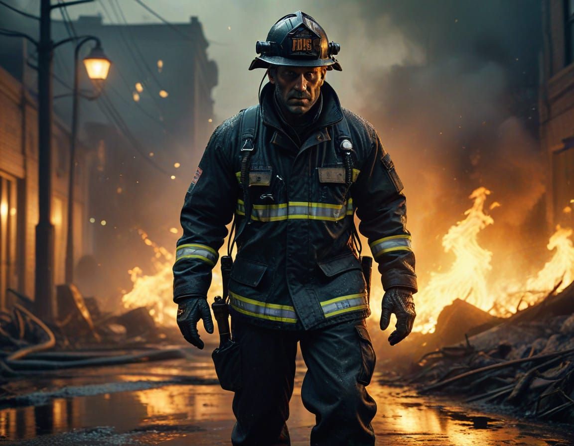 Heroic Firefighter Battles Inferno in Hyperrealistic Style