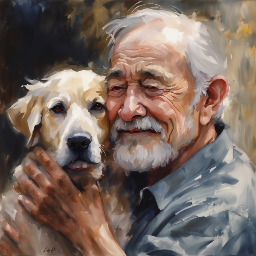 Warm Hug Between a Happy Old Man and His Faithful Dog in Vib...