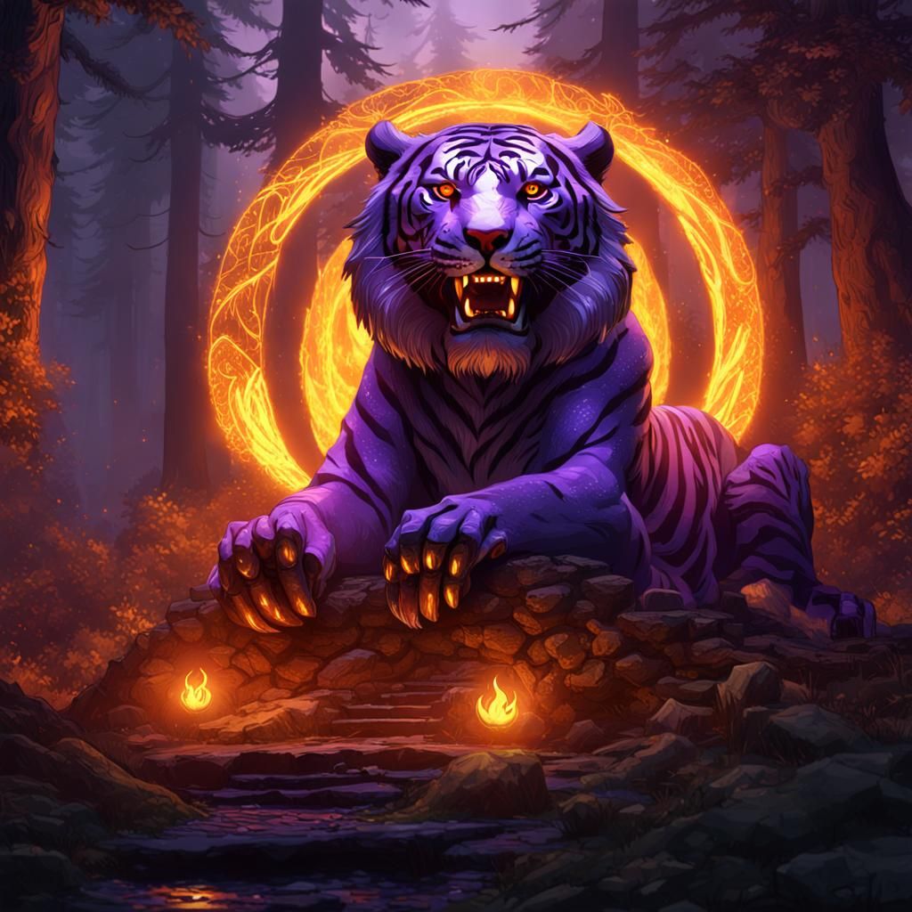 Fiery Tiger Enters Dark Forest: A Dark Fantasy Art