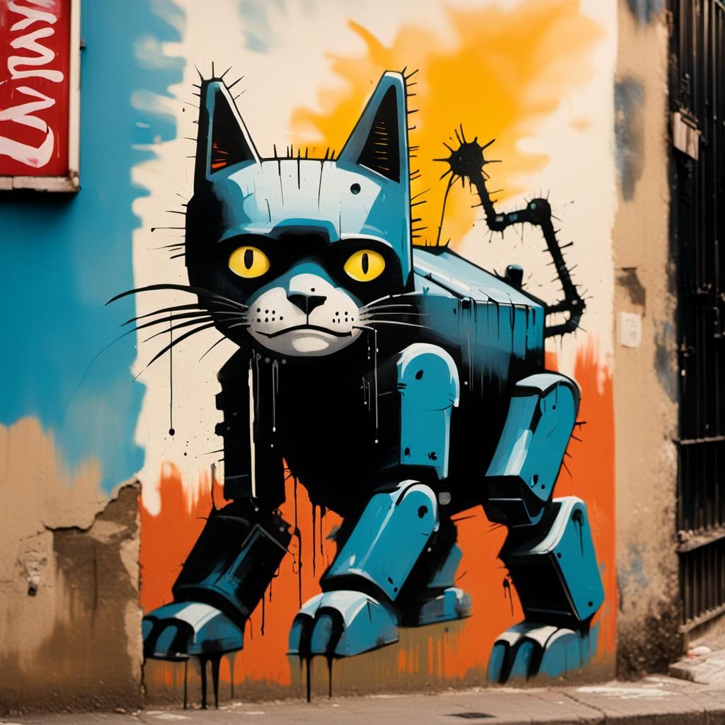 Robot Street Art in Dripping Oil Gouache Style