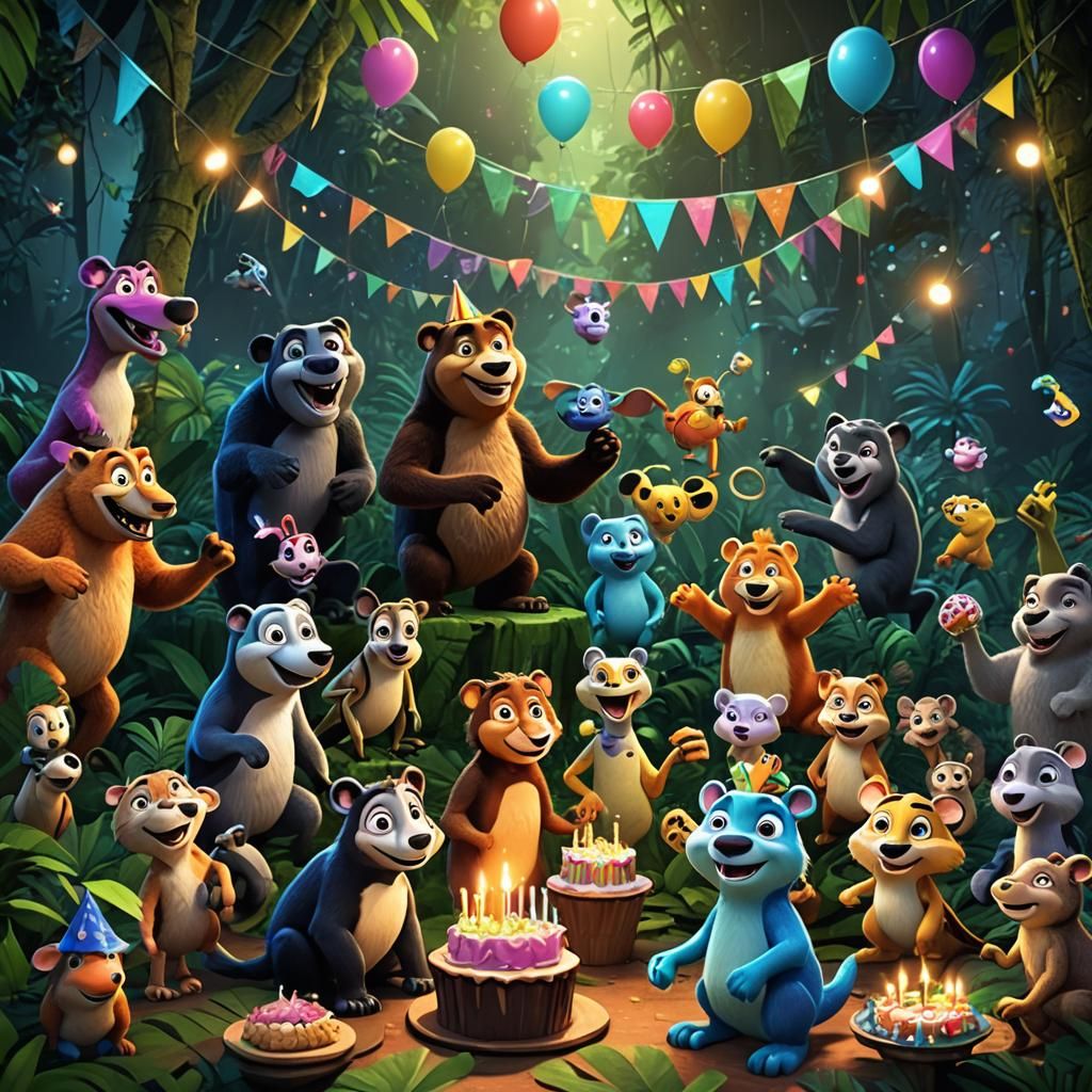 Animals' Rainforest Birthday Party in 3D Digital Art