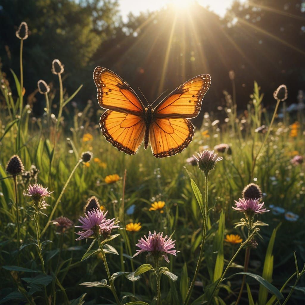 Hyperrealistic Meadow with Wildflowers and Butterflies