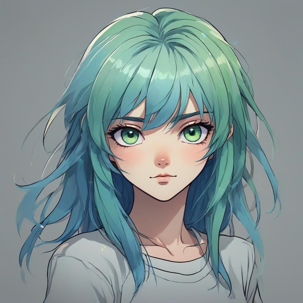 Anime Girl Portrait with Green Eyes and Blue Hair