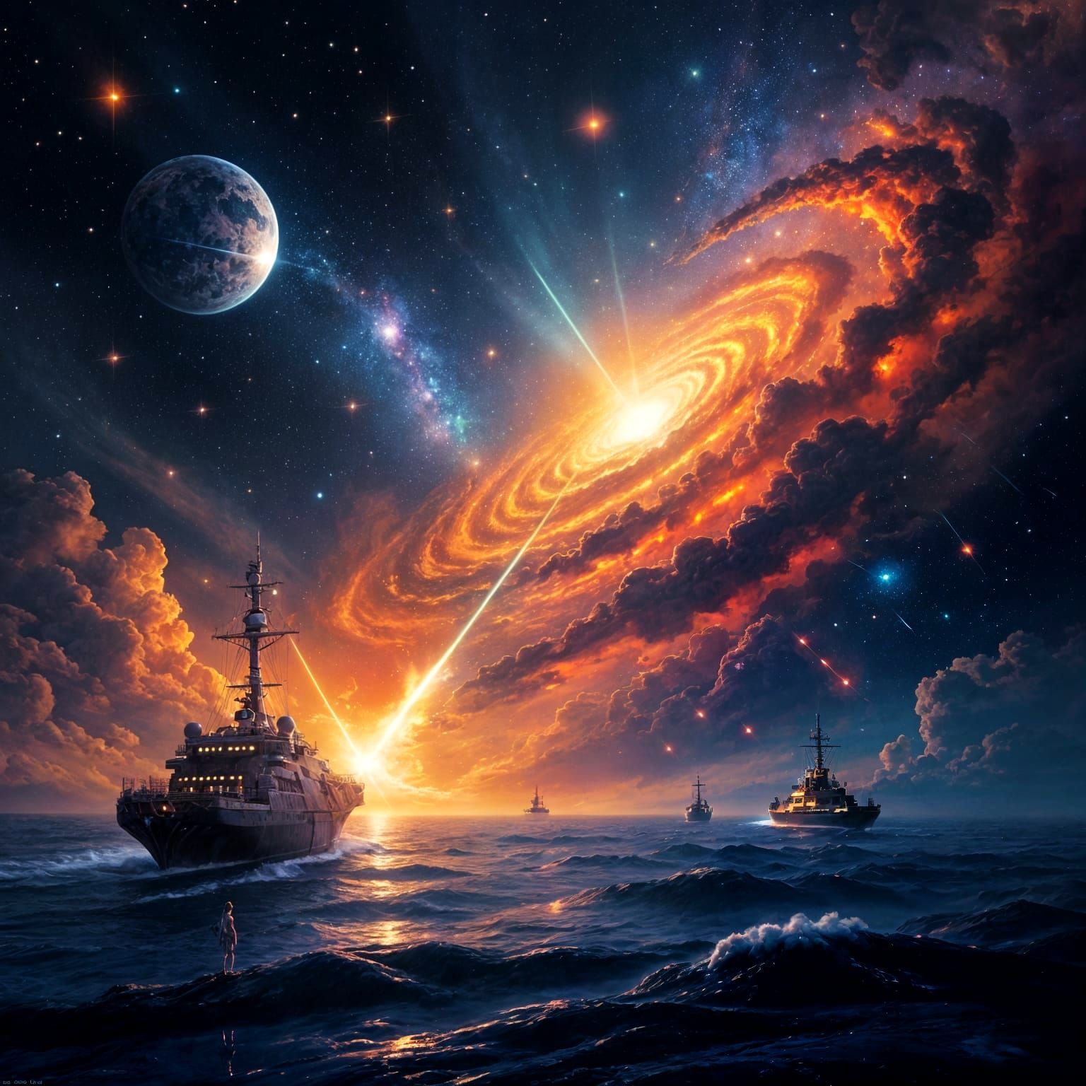 Burning Attack Ships near Orion in Holographic Illustration