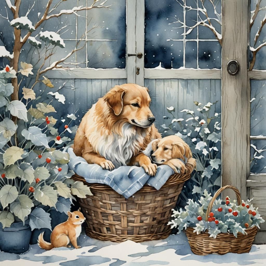 Squirrel Comforts a Slumbering Dog in a Winter Basket Scene