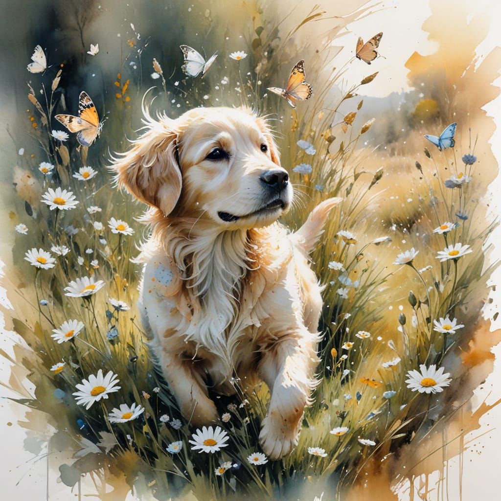 Puppy's Joyful Frolic in Watercolor Meadow