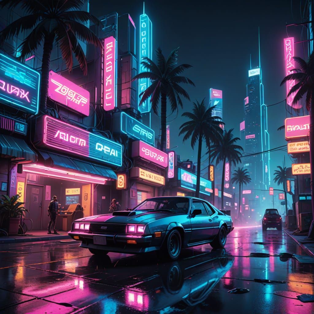 Cyberpunk Dream Car Cruises Through Retro-Futuristic City