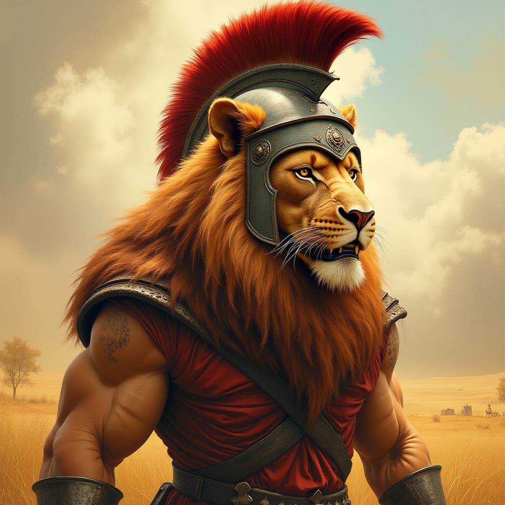 Regal Humanoid Lion in Spartan Armor