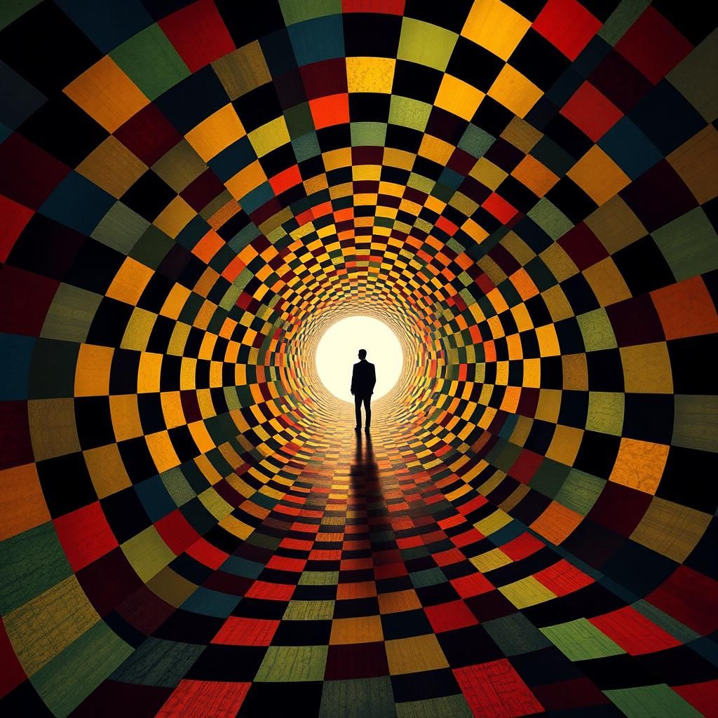 Hypnotic Checkered Tunnel with Figure, Klimt Inspired