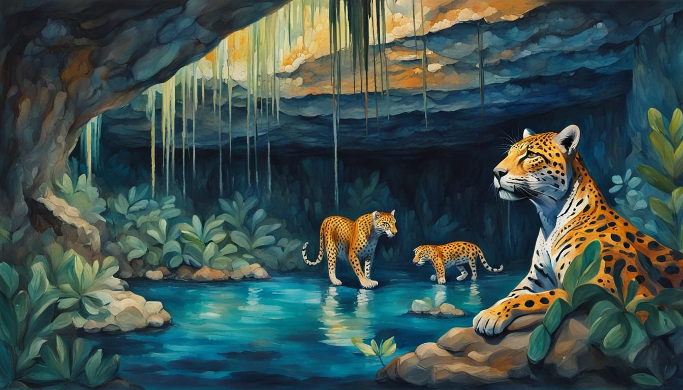 Mayan Cenote: Jaguar Family in Gouache Impressionism
