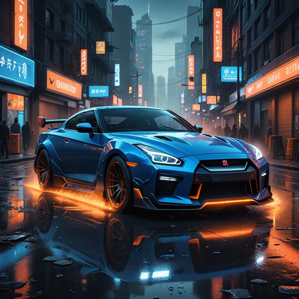 Cyberpunk Fantasy GTR Speeds Through Futuristic Cityscape