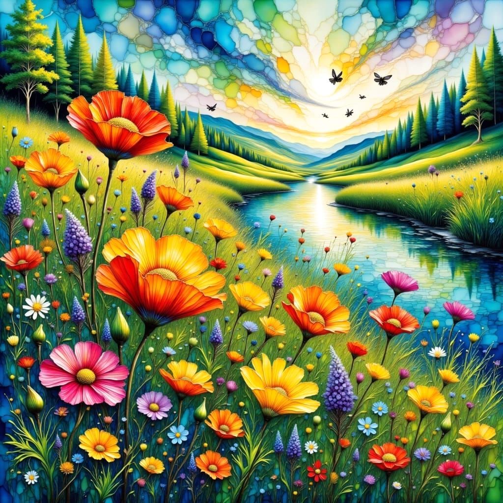 Vibrant Wildflowers by Riverbank in Impasto Style