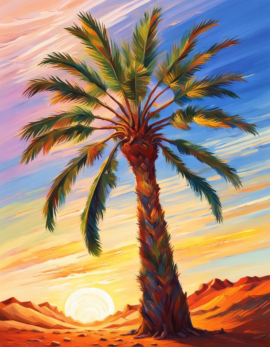 Palm Tree and Plane in Desert, Impasto Painting