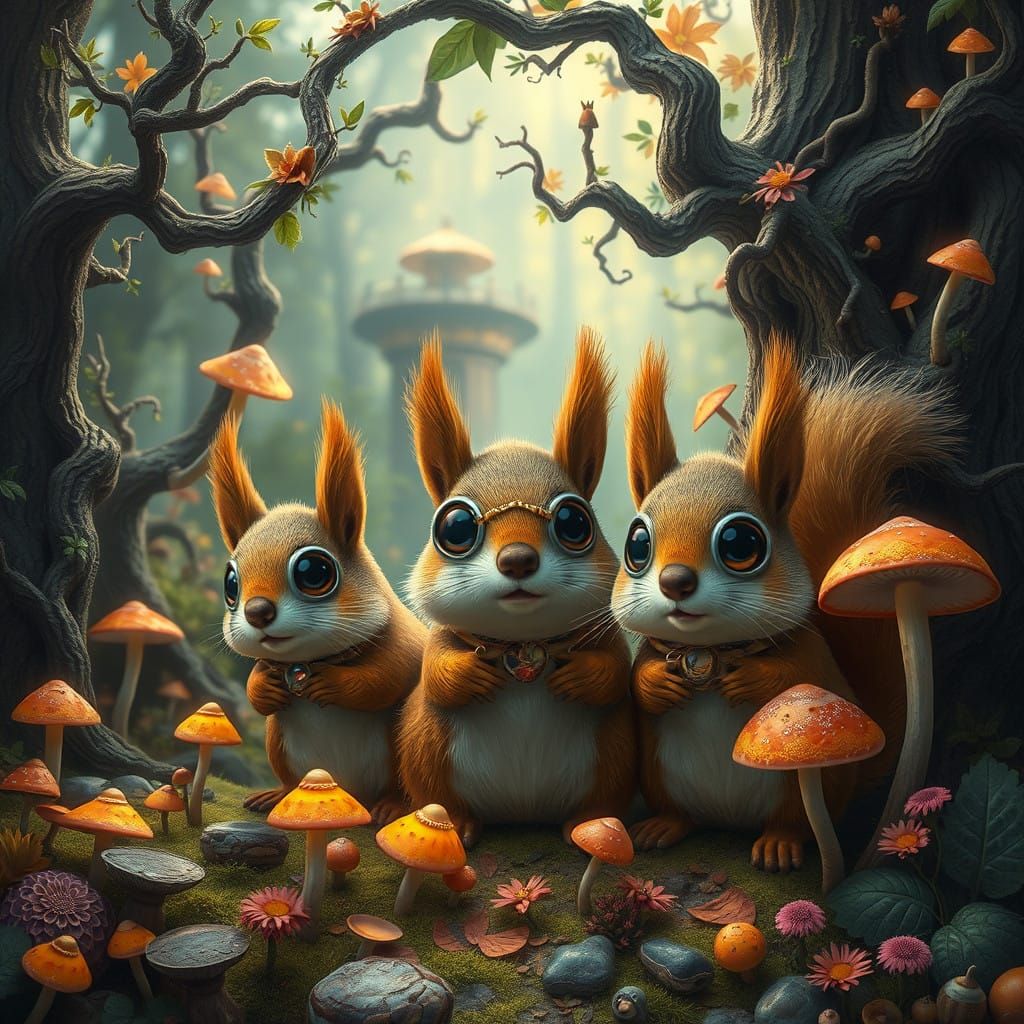 Whimsical Squirrels in a Fantastical Forest