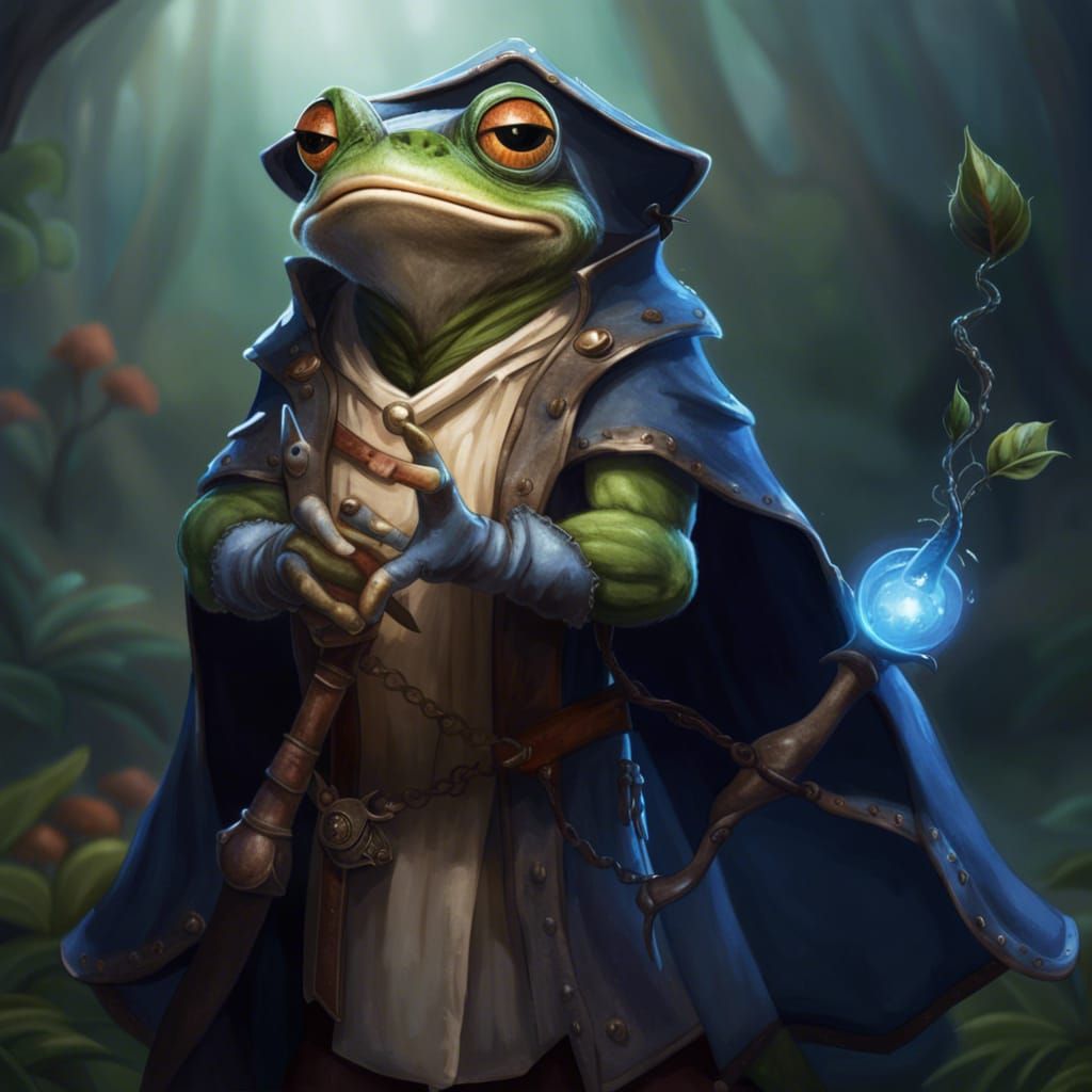 Blue Frog Wizard Portrait in Dark Fantasy Style
