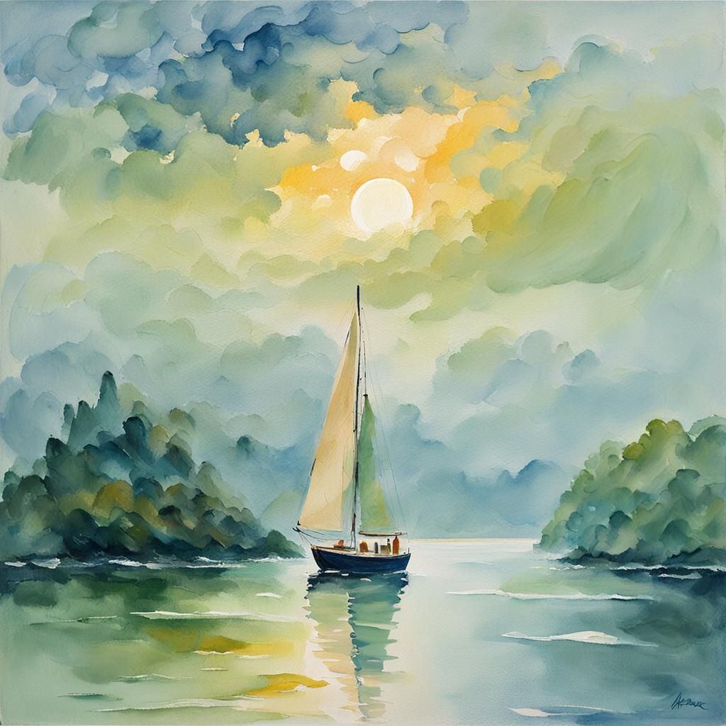 Sailboat on Misty Sea: Gouache Impressionist Painting