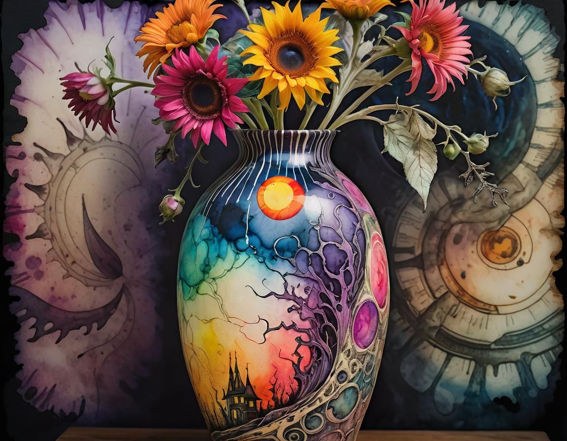 Still life photo: A decoupage vase decorated with Hypermaxim...