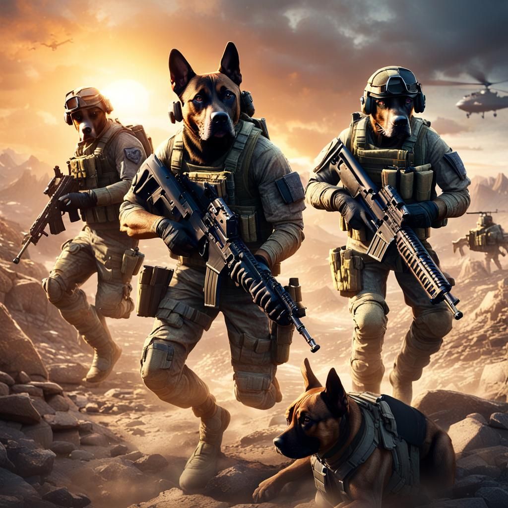 Anthropomorphic Battle Dogs in War Zone, 3D Render