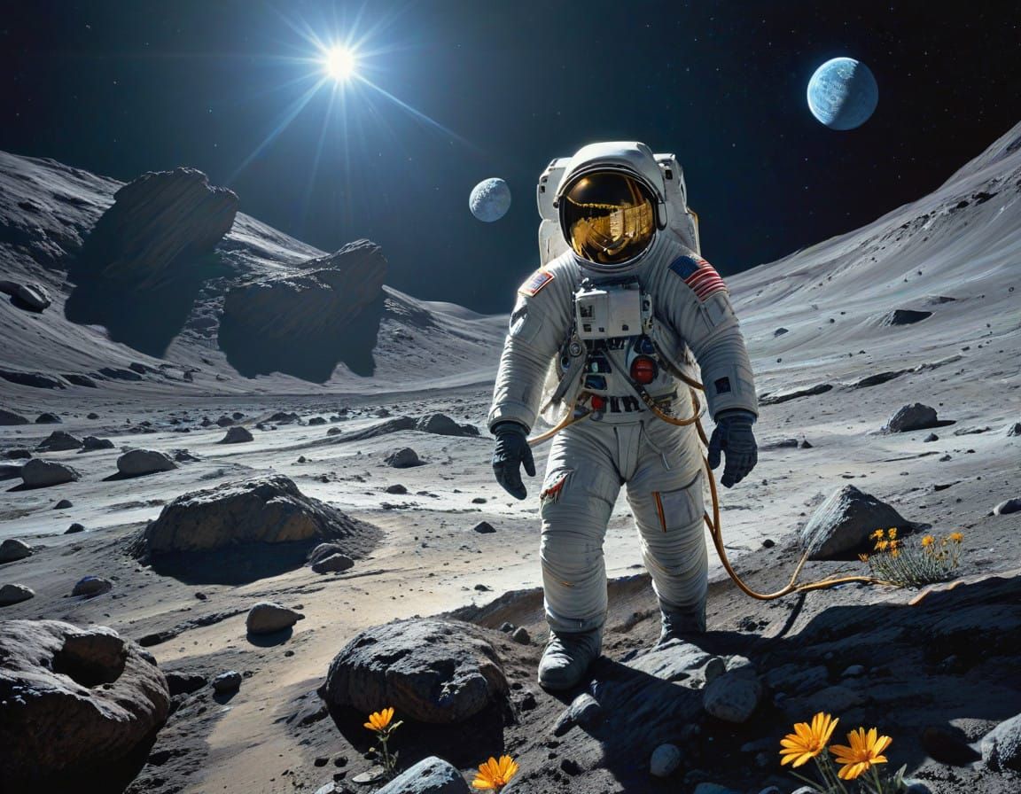 Astronaut Waters Lone Flower on the Moon's Rocky Surface, wi...