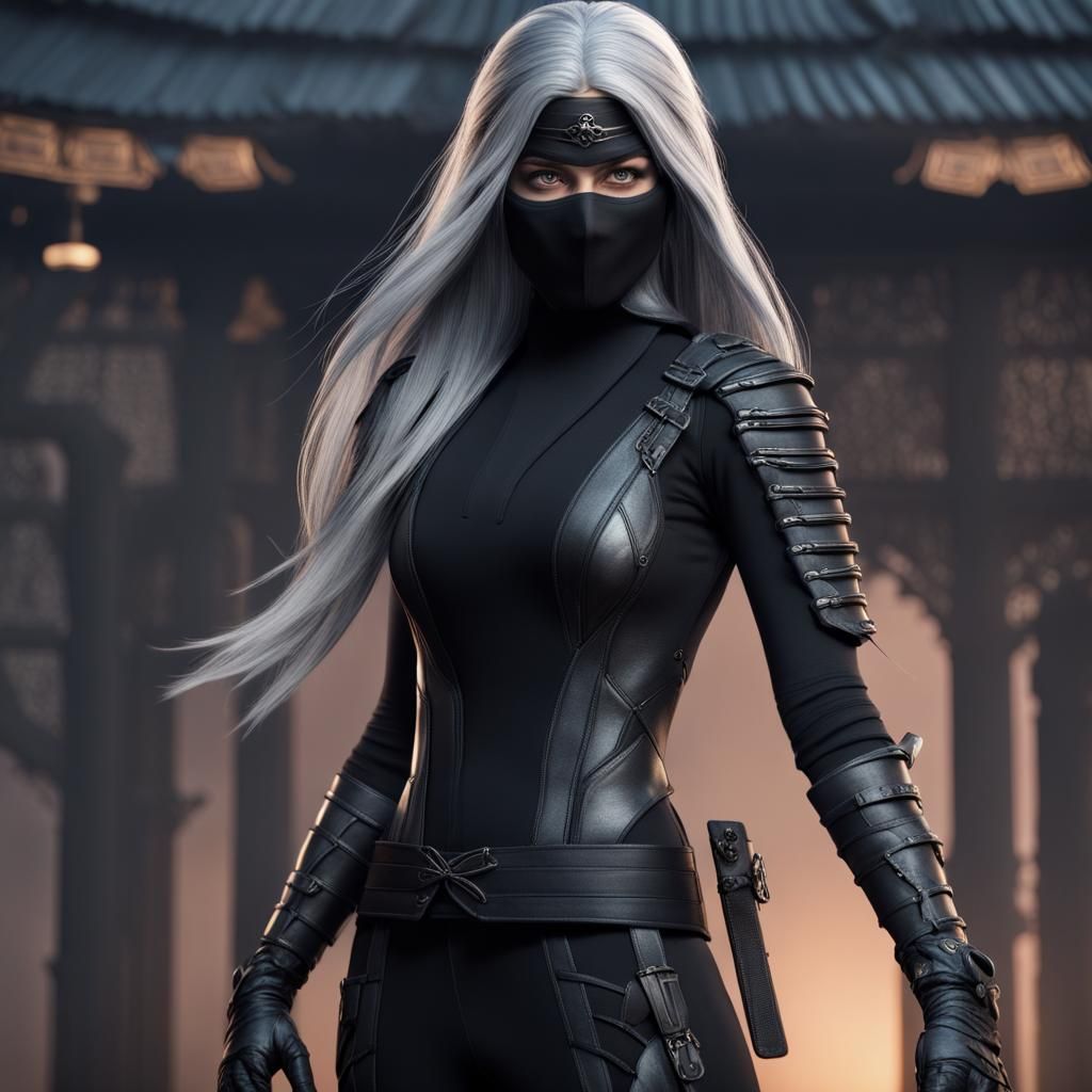 Ninja Woman in Black Suit: Detailed Matte Painting