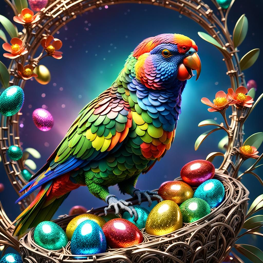 whimsical Gemstone besetted 3D render of a sparkling gemstone rainbow lorikeet with nest of sparkling delicate ornate eg...