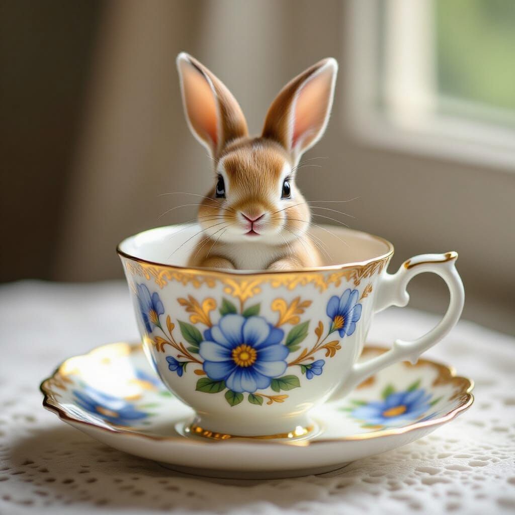 Charming Rabbit in Ornate Teacup, Storybook Style
