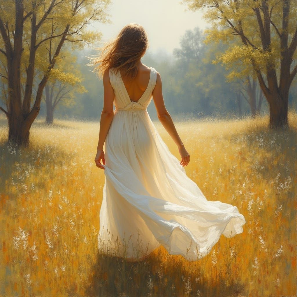 Serene Woman in Peaceful Landscape, Oil Painting