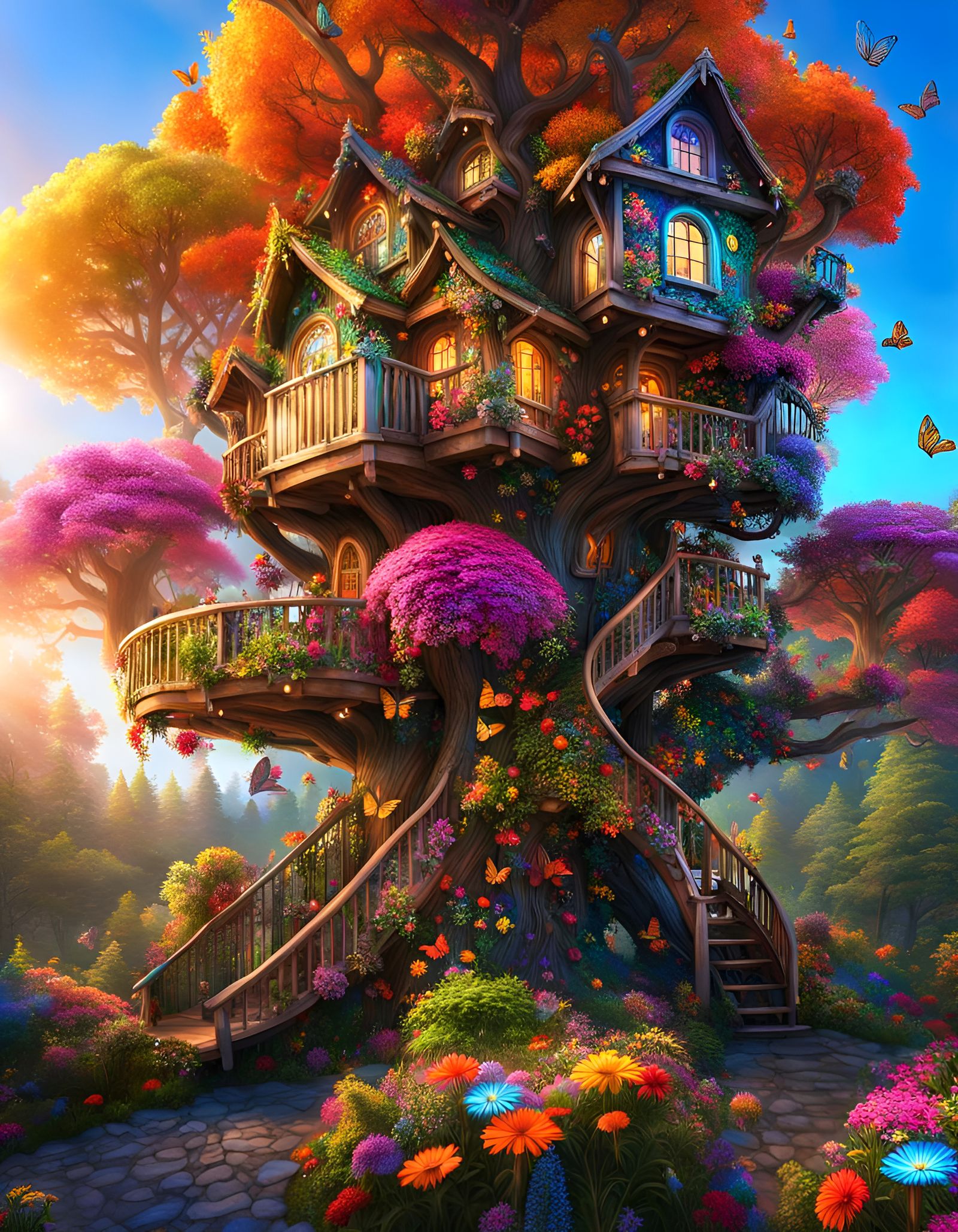 Bioluminescent Butterfly Treehouse: Maximalist Fantasy