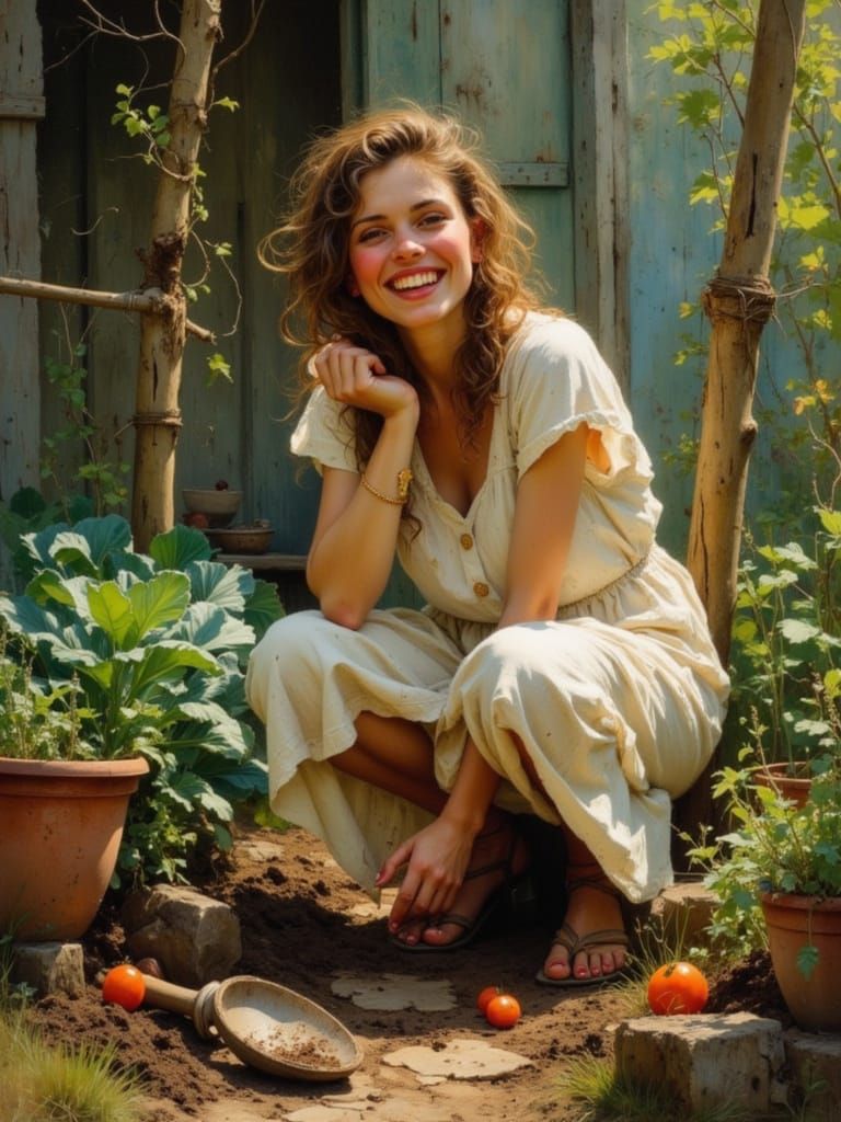 Woman Joyfully Tending a Rustic Garden in Oil Painting Style