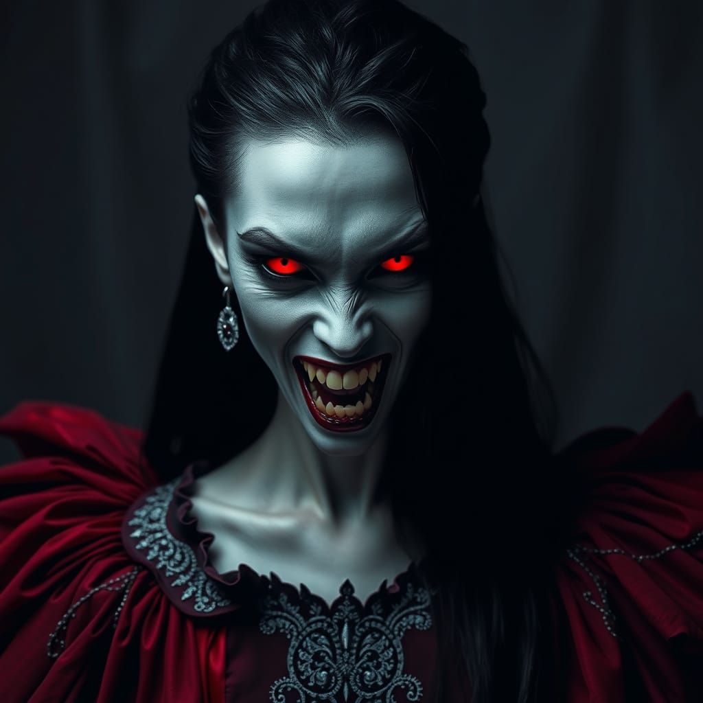 Alluring beautiful Lady with glowing red eyes, gray skin and...