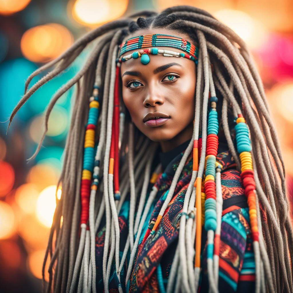 Futuristic Aztec Fashion Model with White Dreadlocks