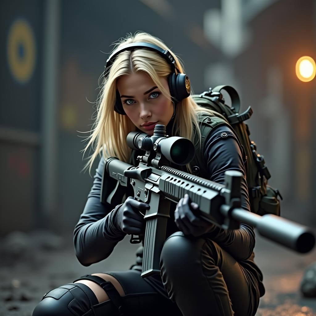 Female Soldier in Dystopian Cityscape